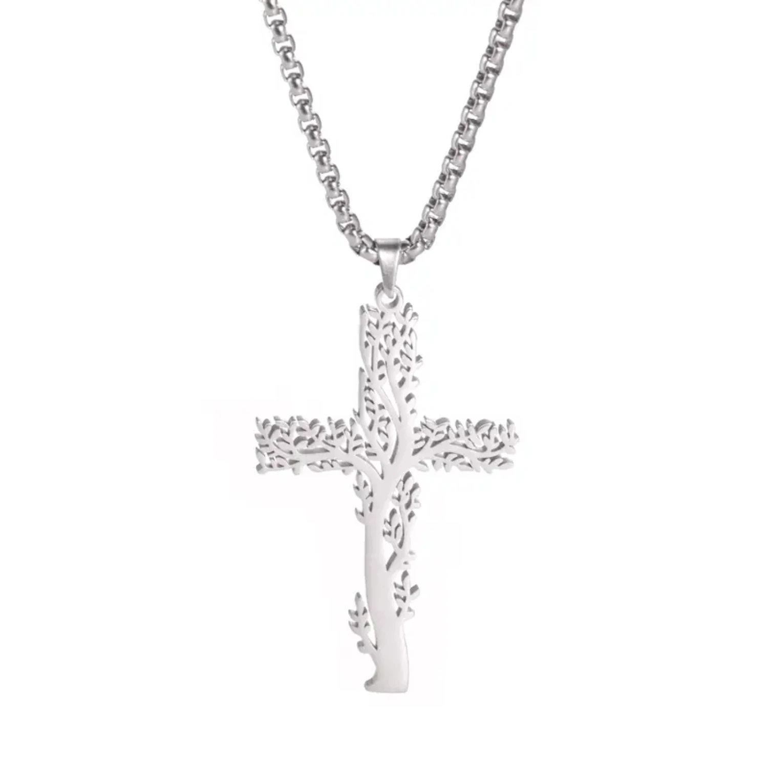 

Stylish Men's Unique Stainless Steel Tree Of Life and Jesus Cross Pendant Necklace with Black Leather Cord - Religious Jewelry G