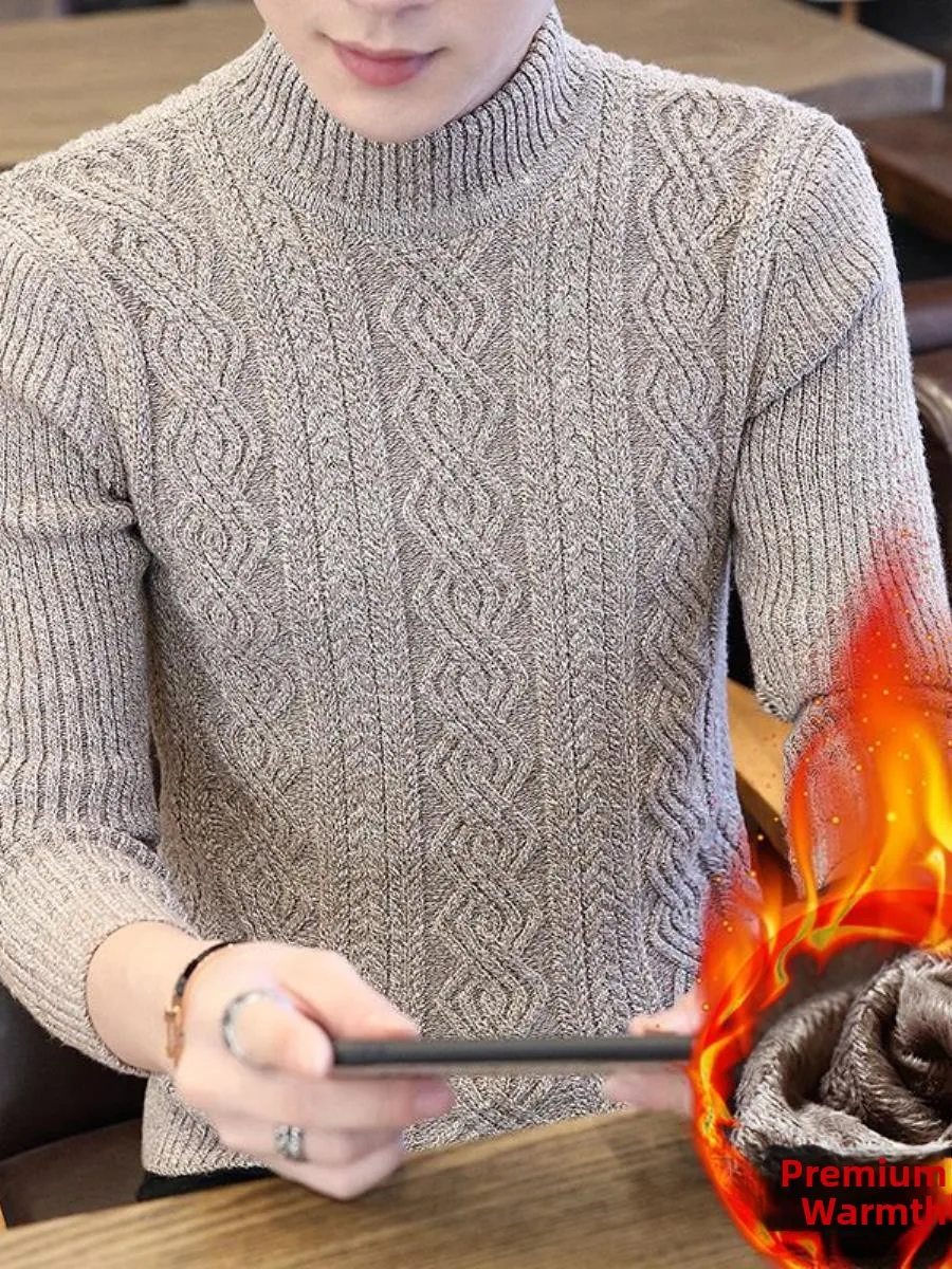 

Утепленный зимний вязаный свитер для мужчин, повседневный, с высоким воротником, теплый, однотонный, из пряжи, комфортный, стандартный крой, Lo...