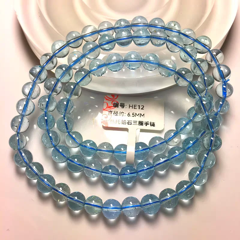 Natural Blue Topaz Clear Round Beads Bracelet 3 Laps Woman Crystal Yellow Blue Topaz 6.5mm Stretch Healing AAAAAA