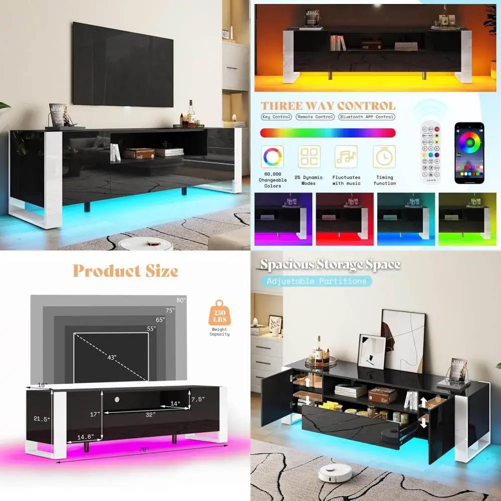 70 inch tv stands with led lights, high gloss tv console modern entertainment center with 2 cabinet storage drawer for living r