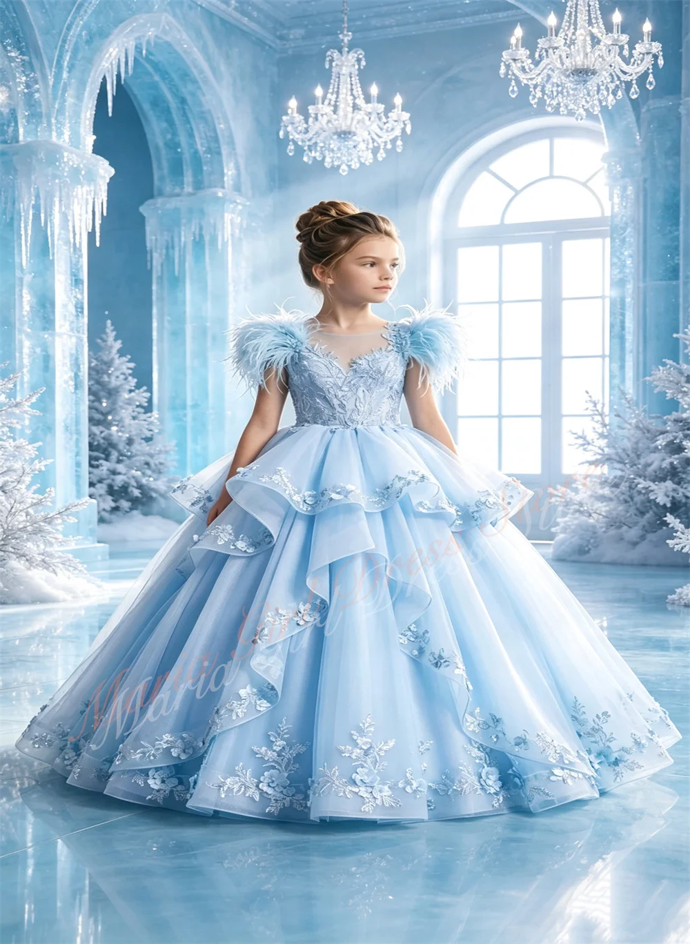 Custom Princess Flower Girl Dress Tiered Tulle Feathers Sleeve Lace Appliques with Bow Wedding Kids First Communion Party Dress