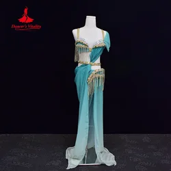 BellyDance Clothing Set Customized Luxury Rhinestone Bra+sexy Tassel Gradient Long Skirt 2pcs Oriental Dance Performance Costume