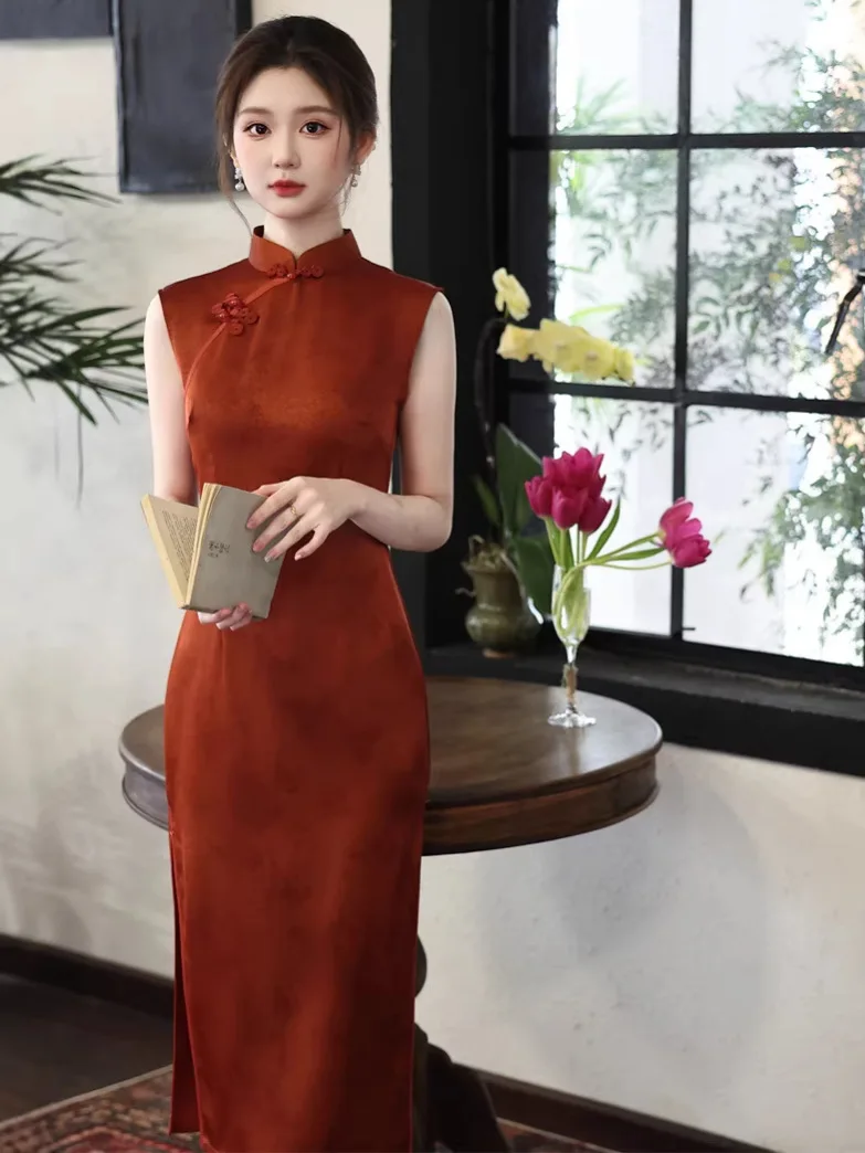 

Новое оранжевое длинное платье-ципао без рукавов для весны/лета 2026 года, облегающее, для помолвки, для женщин