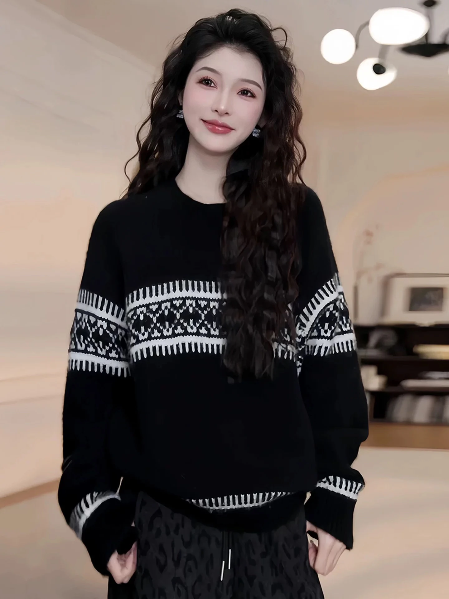 

Bla Knitted Loose Fit Women's Sweater Spring Autumn 2026 New Sle Cleanfit Base Layer irt Korean Aosphere Fair Isle