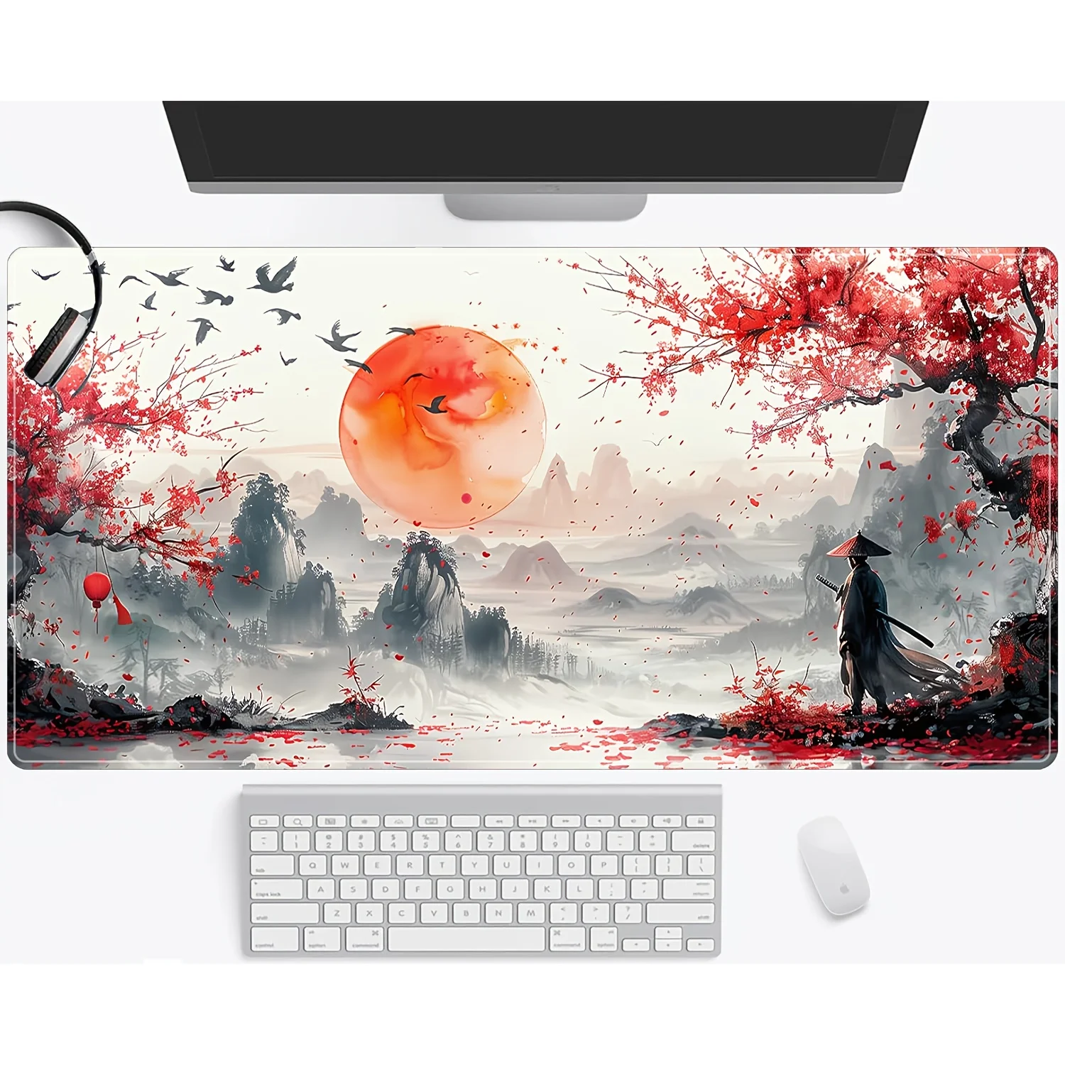 

Red Maple Samurai Sunset Landscape Printed Desk Pad Extra Large Soft Rubber Mouse Pad Oriental Aesthetic mat Multi-Size Desk Mat
