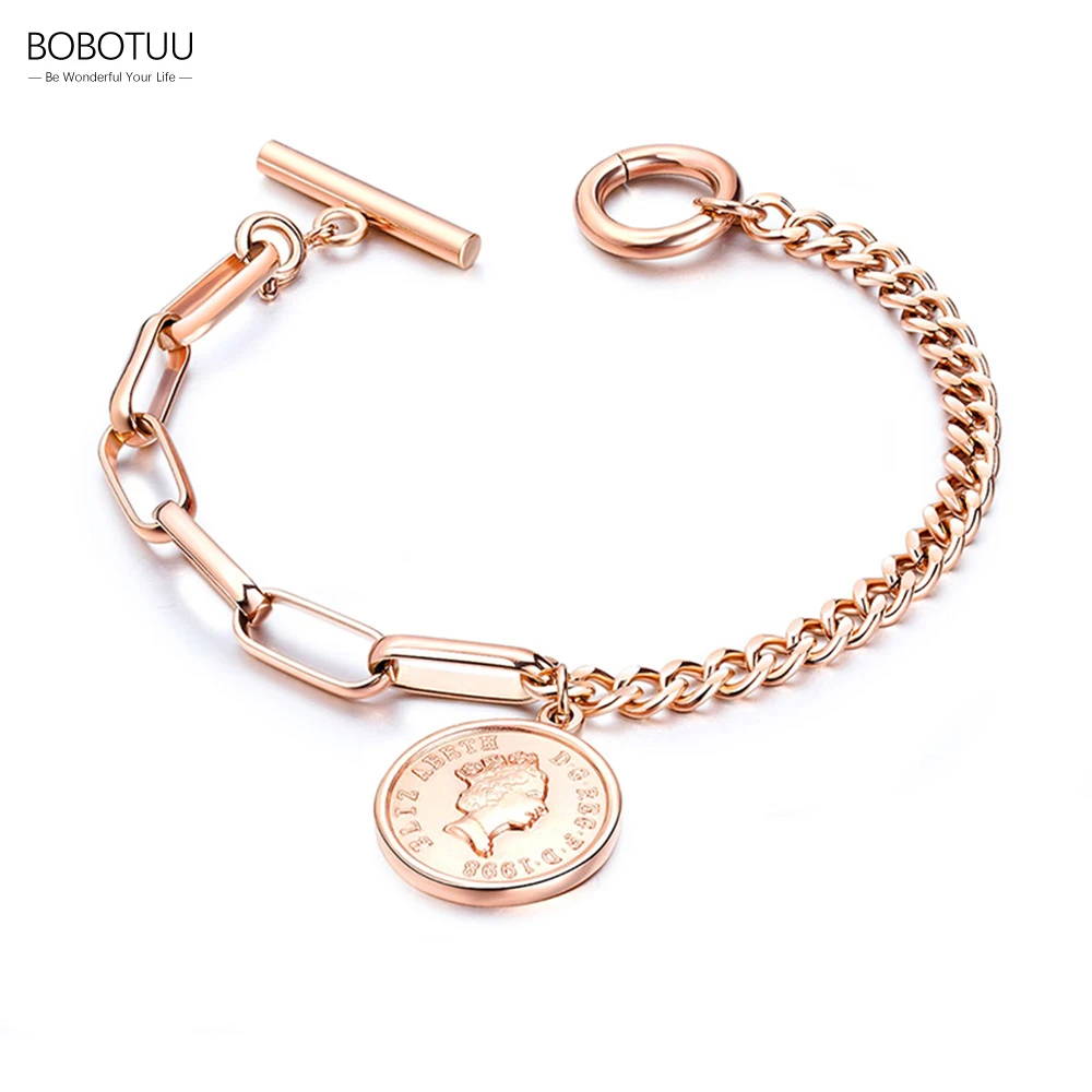 BOBOTUU Retro Avatar Round Tag Charm Bracelet Elizabeth Coin Jewelry Stainless Steel Rose Gold Plated Women's Bracelet BB18101