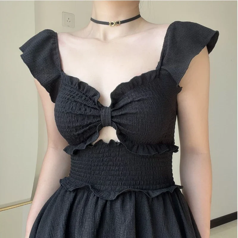 Nowa Narzutka Plażowa Damska Hotsweet Dziewczęca Vintage Kokarda Wycięcie Bez Pleców Retro Szyk Falbany Francuski Styl Prosty Strój Kąpielowy