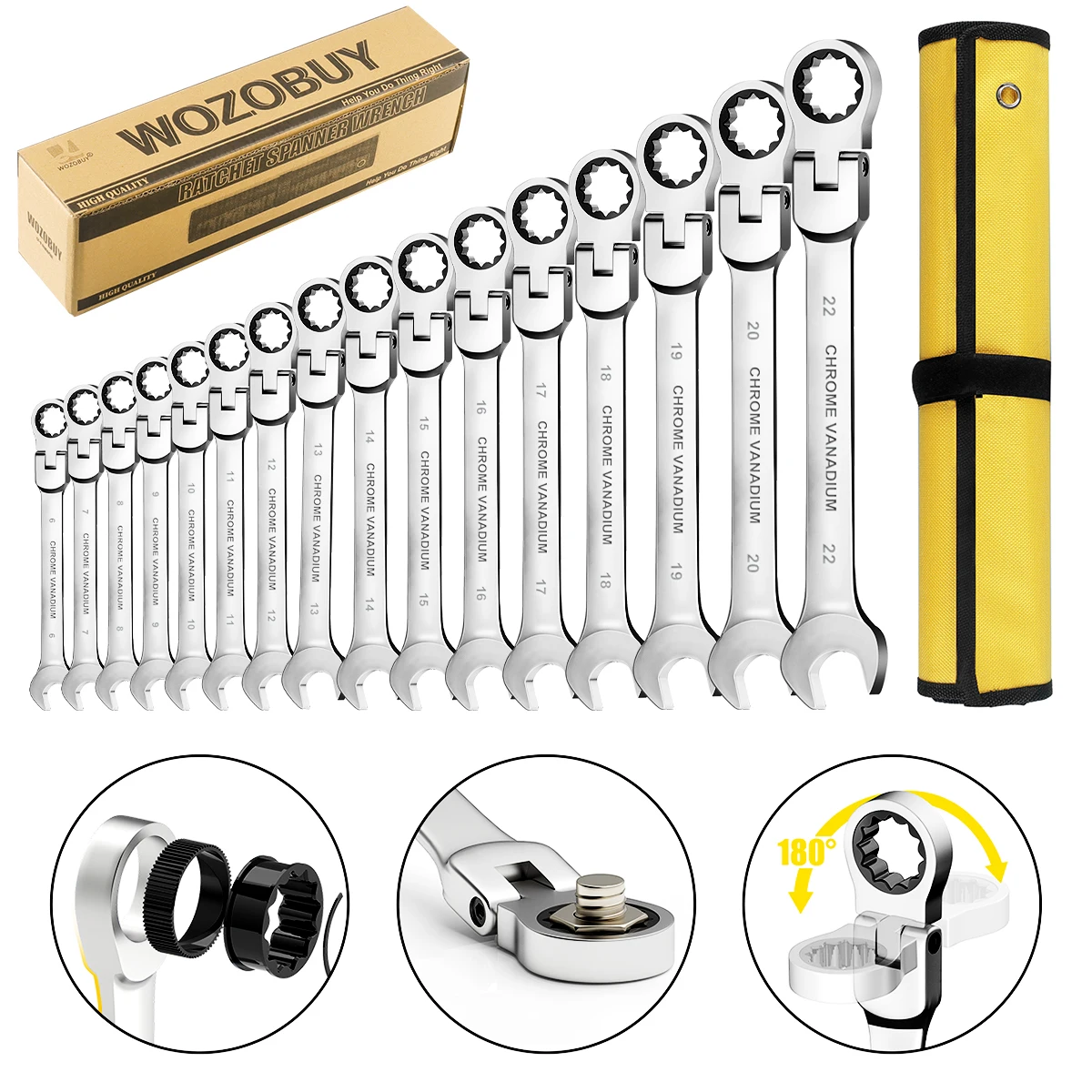 16Pcs Premium Flex-Head Ratcheting Wrench Set, 6-22MM, Durable Craftsmanship, with Handy Storage Bag - Perfect for DIY & Auto