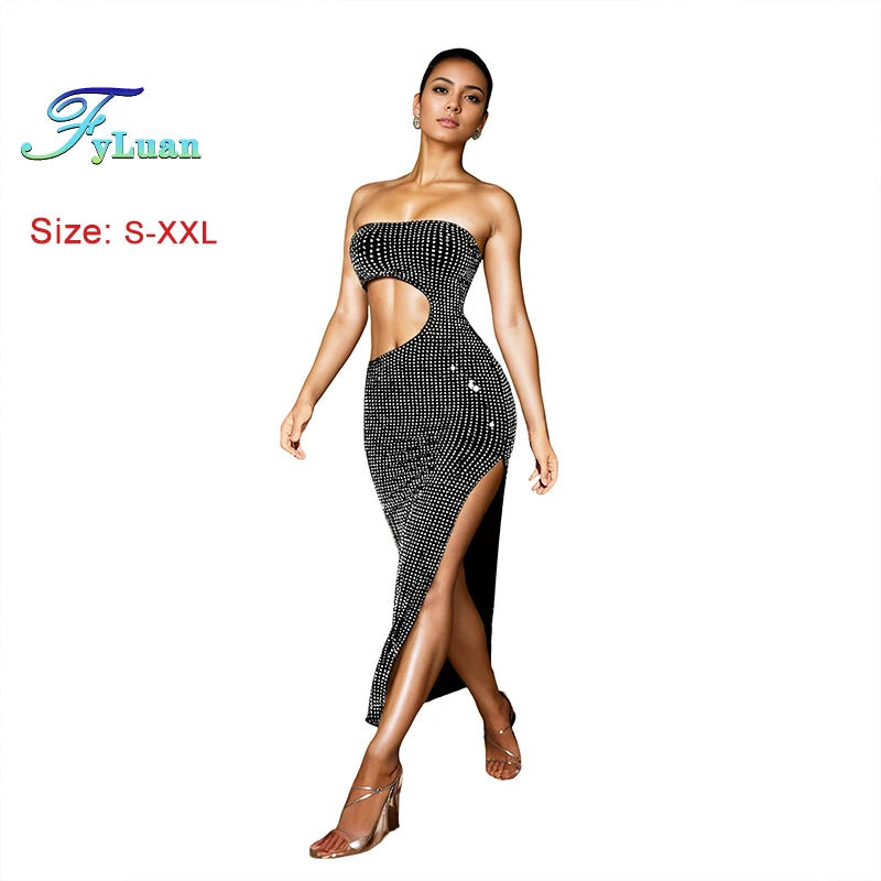 Summer Cut Out Waist Strapless Sexy Side Split Crystal Rhinestones Long Maxi Dress Sexy Side Split Crystal Women's Long Dress