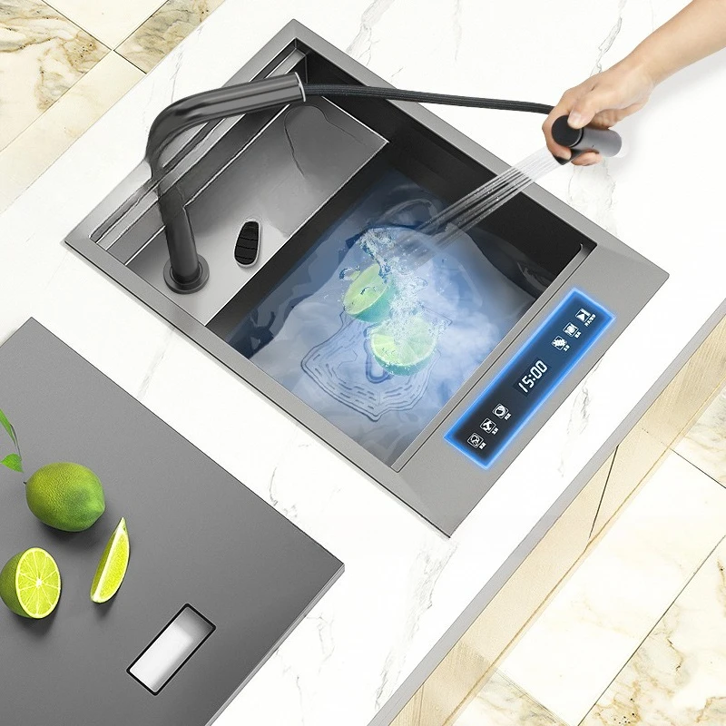 Bar counter fruit and vegetable disinfection double catalyst cup washer invisible sink stainless steel  washing basin with lid