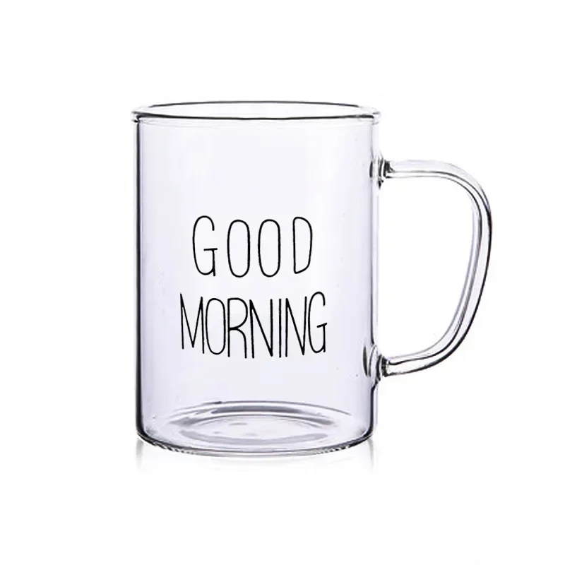 500ml Good Morning Glass Mug Coffee Milk Breakfast Cup Tumbler with Handle Transparent Drinkware Household Gift for Children Set