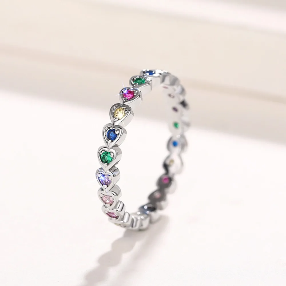 Sweet Exquisite Dopamine Rainbow Color Heart Shape 5A Zircon Rings for Women High Quality Stainless Steel Finger Jewelry Gifts