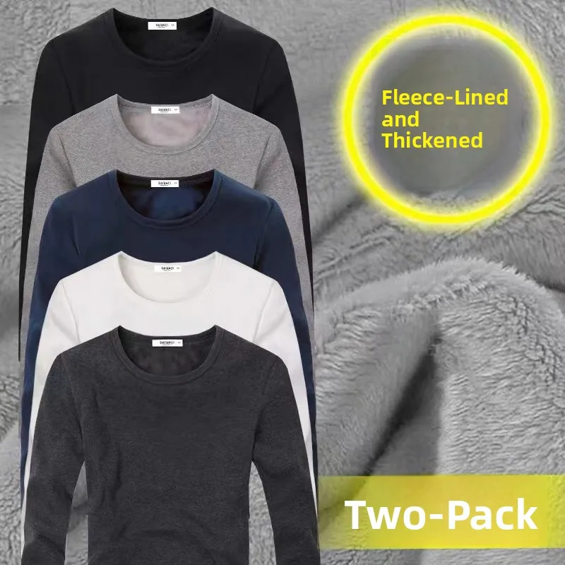 Men's Long Sleeve T-Shirt Fleece Lined Thickened Cotton Autumn Winter Fashion Slim Fit Base Layer Shirt Warm Pure Cotton