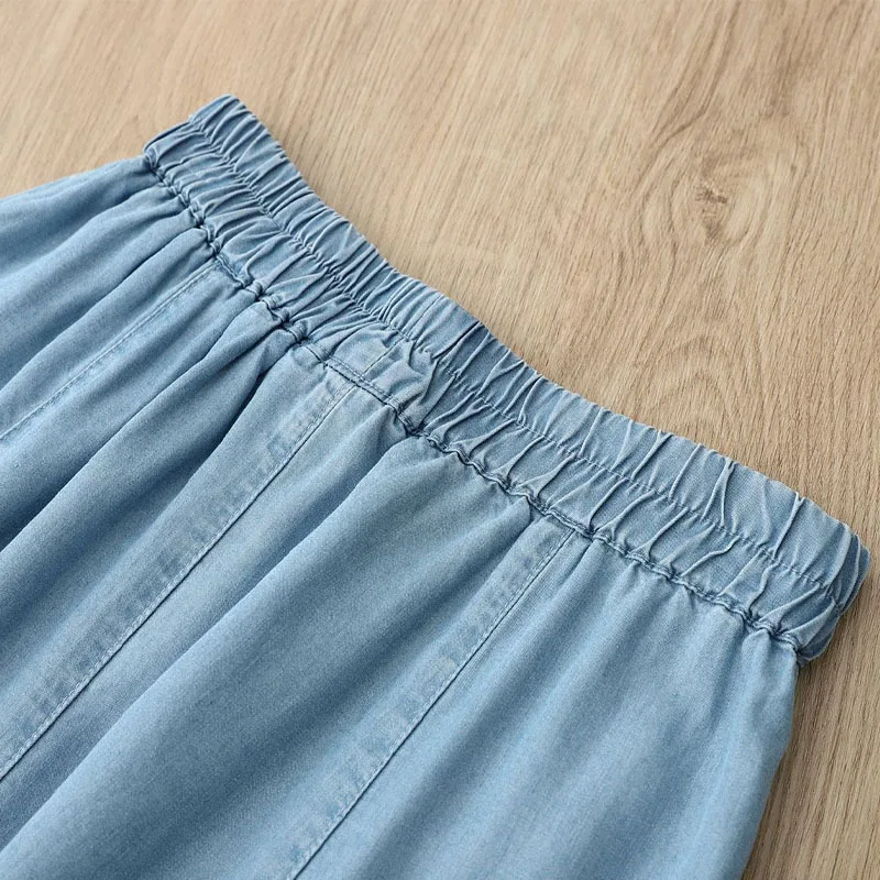 Korean Simplicity A-Line Women\'s Denim Skirt 2023 Thin Loose Casual Elastic High Waist Pockets Skirts Summer Female Clothing