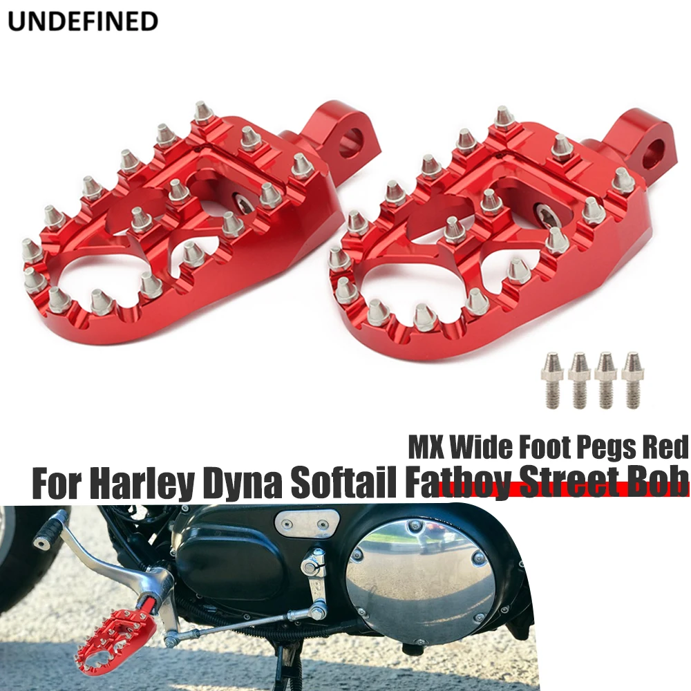 MX Wide Foot Pegs Red 360 Bobber Chopper Style Offroad Footrests Pedal For Harley Dyna Softail Fatboy Street Bob Sportster 883