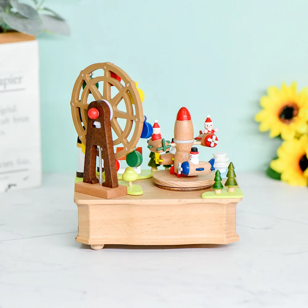 Wooden Music Box. Creative Retro Rotating Music Box Graduation Valentine's Day Gift Log Ferris Wheel Ornament
