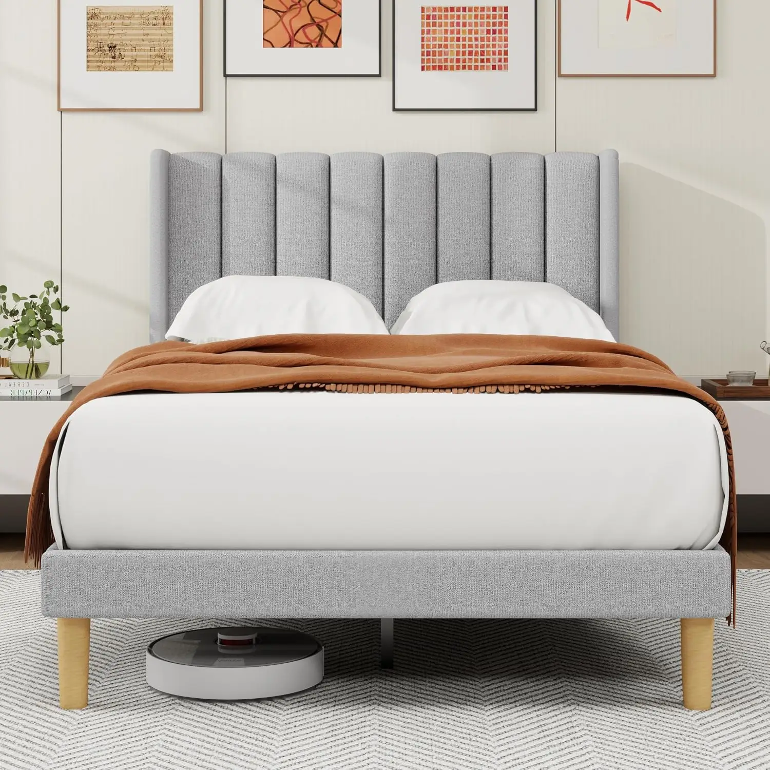 Full Bed Frame with Linen Upholstered Headboard, Light Gray | Vertical Channel Wingback Headboard, 7.48