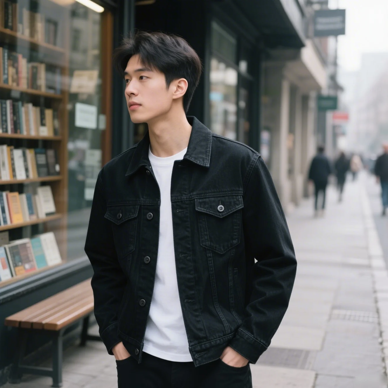 2025 New Men's Solid Color Denim Jacket, Flip Collar, Casual Long Sleeve Jacket, Multi Pocket, Single breasted Top