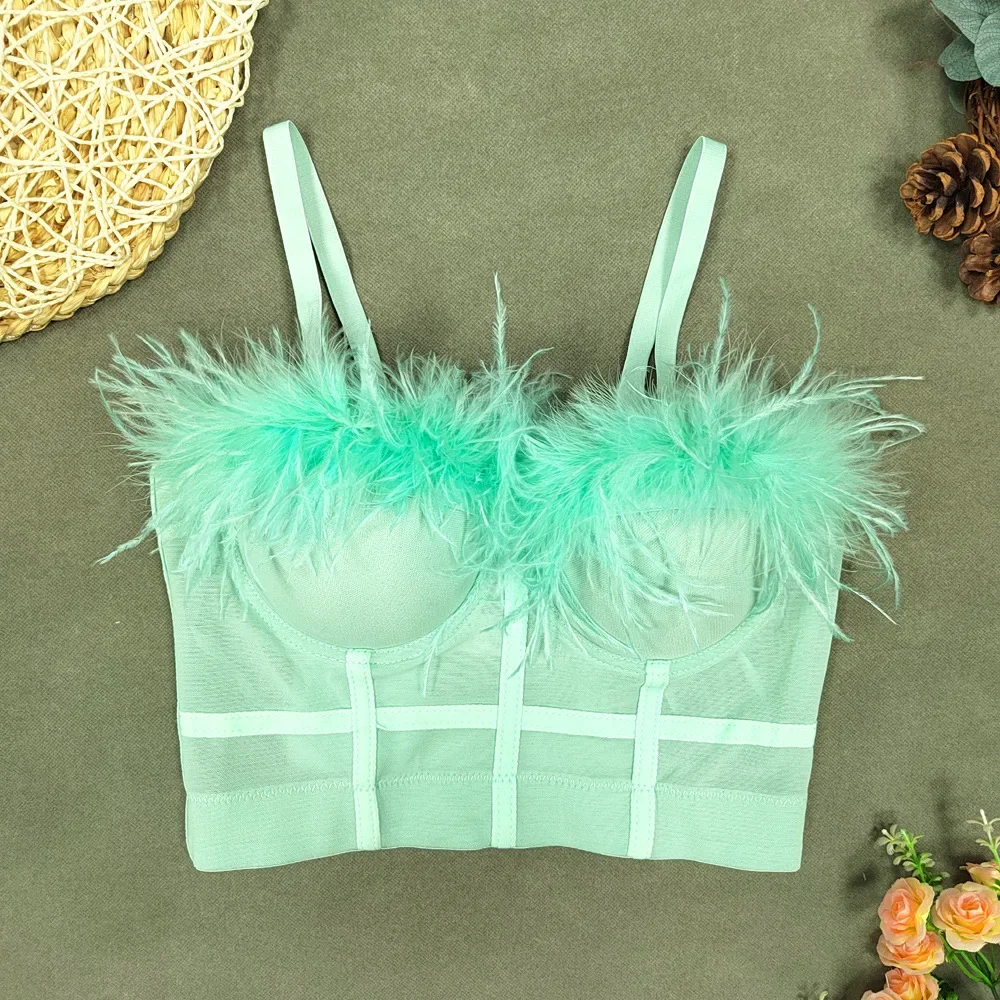 Sexy Feather Bras for Women Dancing Party Clubwear Bustier Adjusted Strap Shapewear One-pieces Bralette Push Up Underwear Tops