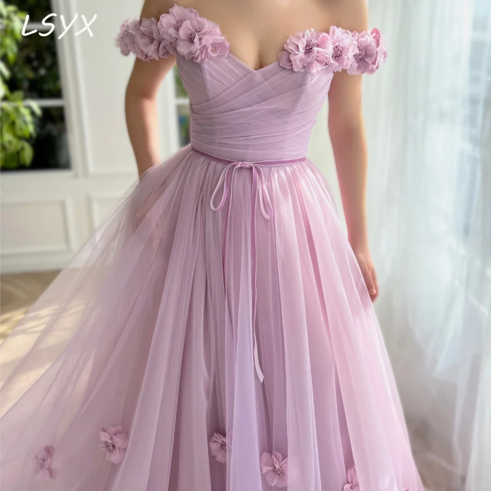 LSYX Purple Off The Shoulder Evening Gown 2024 Applique Flowers A Line High Split Simple Tulle Prom Dresses Robes De Soiree