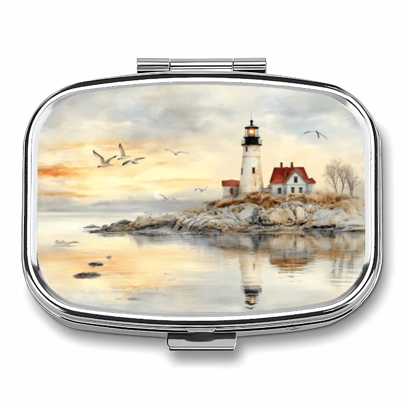 Sunrise Island Lighthouse Bird Landscape Design, Rectangular/Round Portable Decorative Box, Three-Compartment/Two-Compartment Metal Pill Box, Compact and Portable Metal Pill Box, with the Added Function of Storing Vitamins