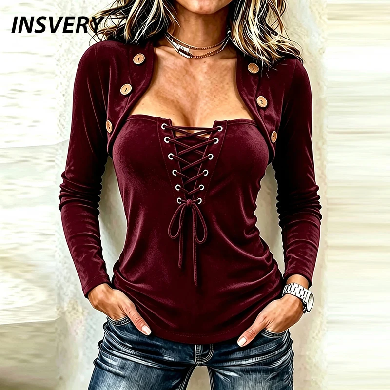 Autumn Long Sleeve Women T-Shirts Red Gold Velvet Tie Front Slim Tops Female Tops Y2K Clothes Fashion Pullover Streetwear