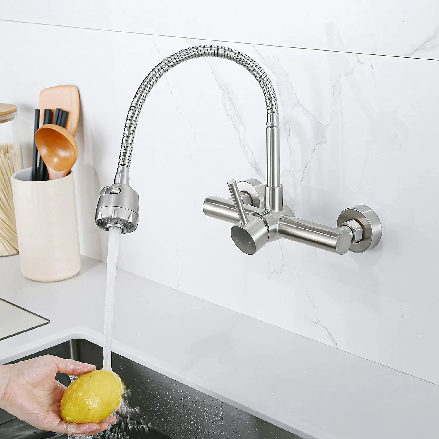Hot Wall Mount Kitchen Faucet 8 Inch Center ,With Dual Function Flexible Sprayer,Mixer Stainless Steel Constructed Bar Tap