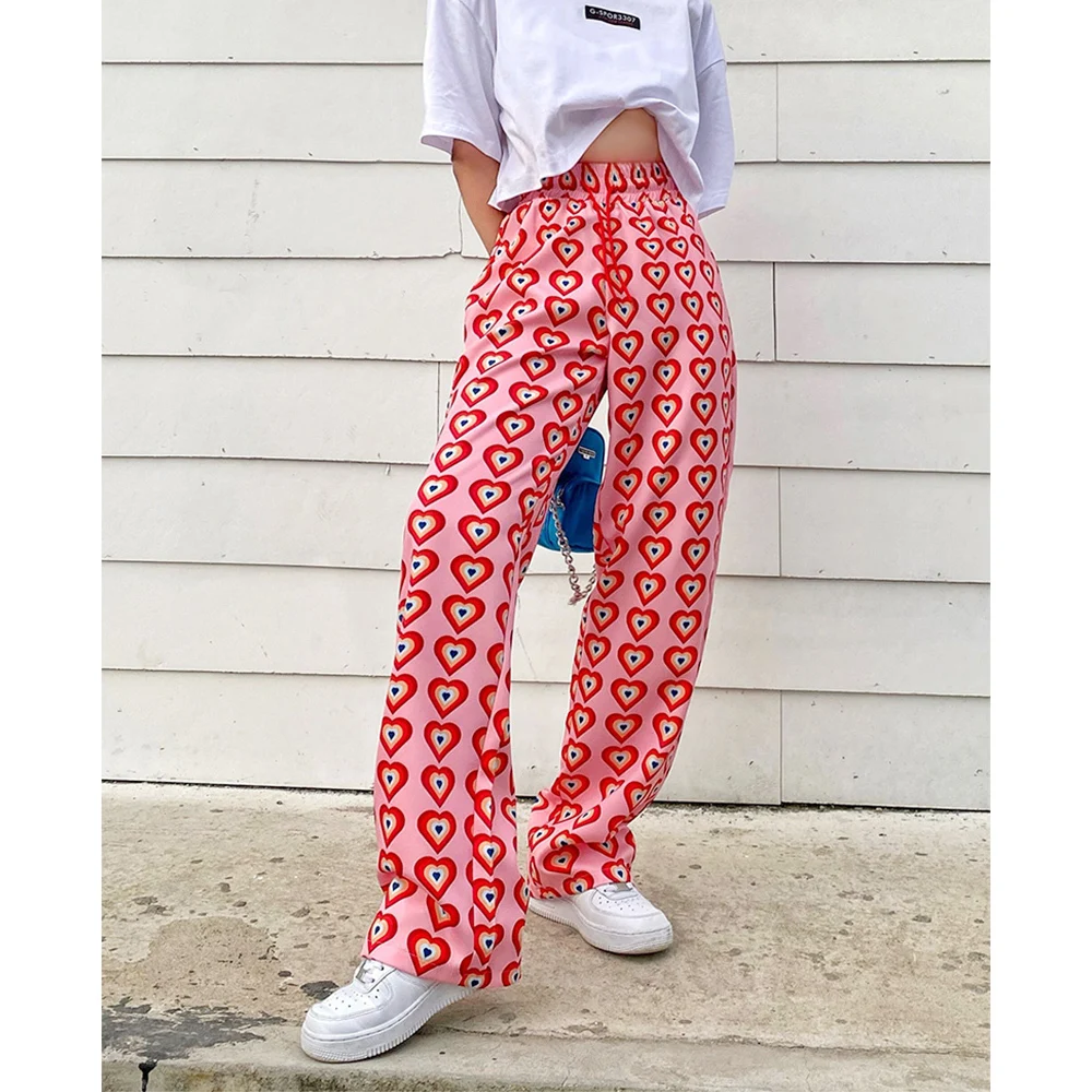 Missnight Pink Pants Heart Printed Straight Elastic High Waist Pants Drawstring Fashion Pants Streetwear Vintage 2023 Harajuku