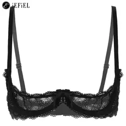 Womens Sexy 1/4 Cups Bra Tops Brassiere See Through Sheer Lace Push Up Underwire Bralette Underwear Lingerie