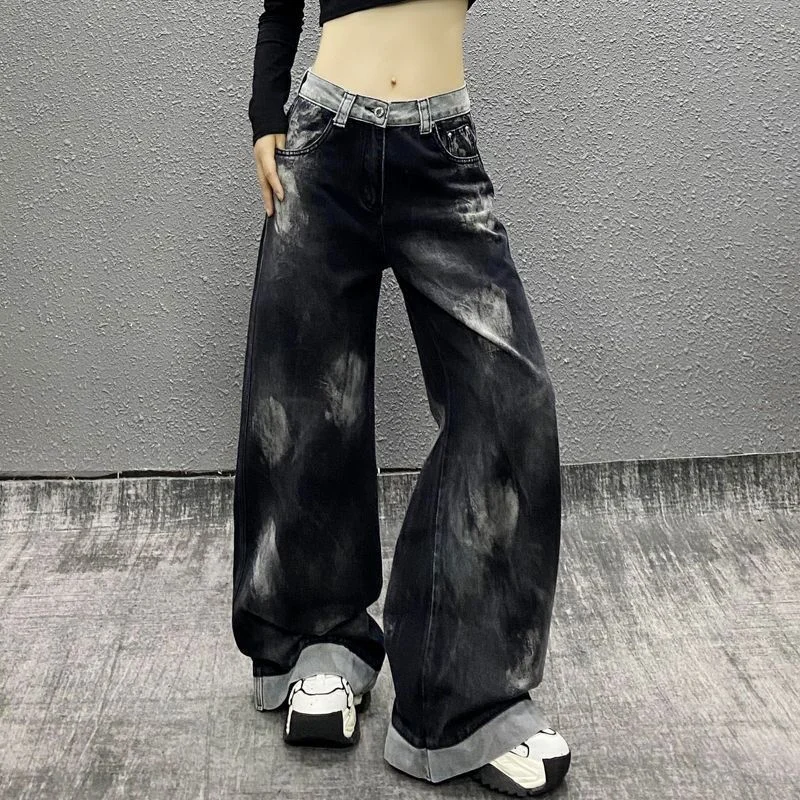 Tie-dye Color-blocked Jeans Women in Early Autumn New High-waisted, Loose and Versatile Design Wide-leg Floor-sliding Pants