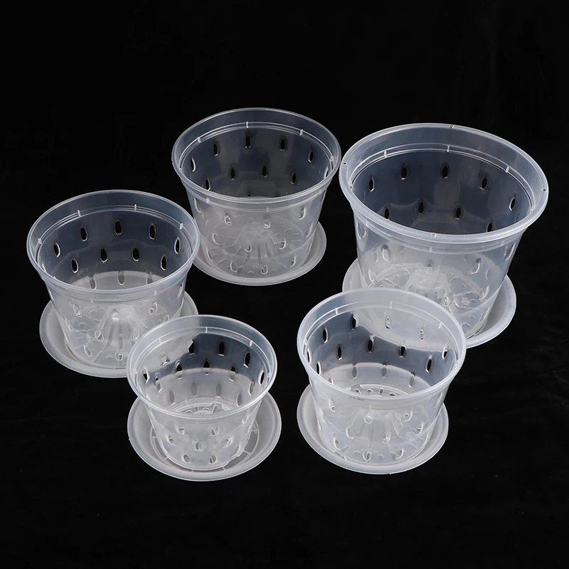 Household Flowerpot With Tray Garden Planter Drainage Pots With Holes Transparent Orchid Baskets Plastic Breathable Flower Pots