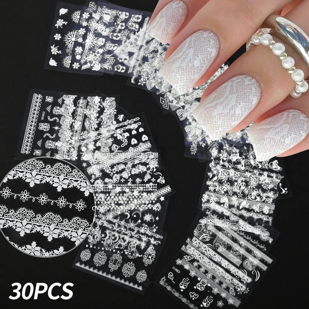 

30pcs Black White Lace Flowers Nail Stickers Sexy Design Transfer Sliders Wedding DIY Charm Decoration Lace Geometry Nail Decals