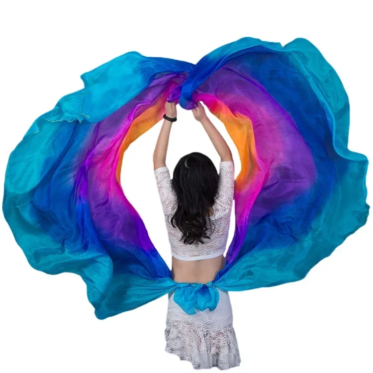 Cheap Gradient Half Circle Belly Dance Silk Veil 5mm Real  2.5m x1.14m Machine Rolled Edges Assorted Colorful