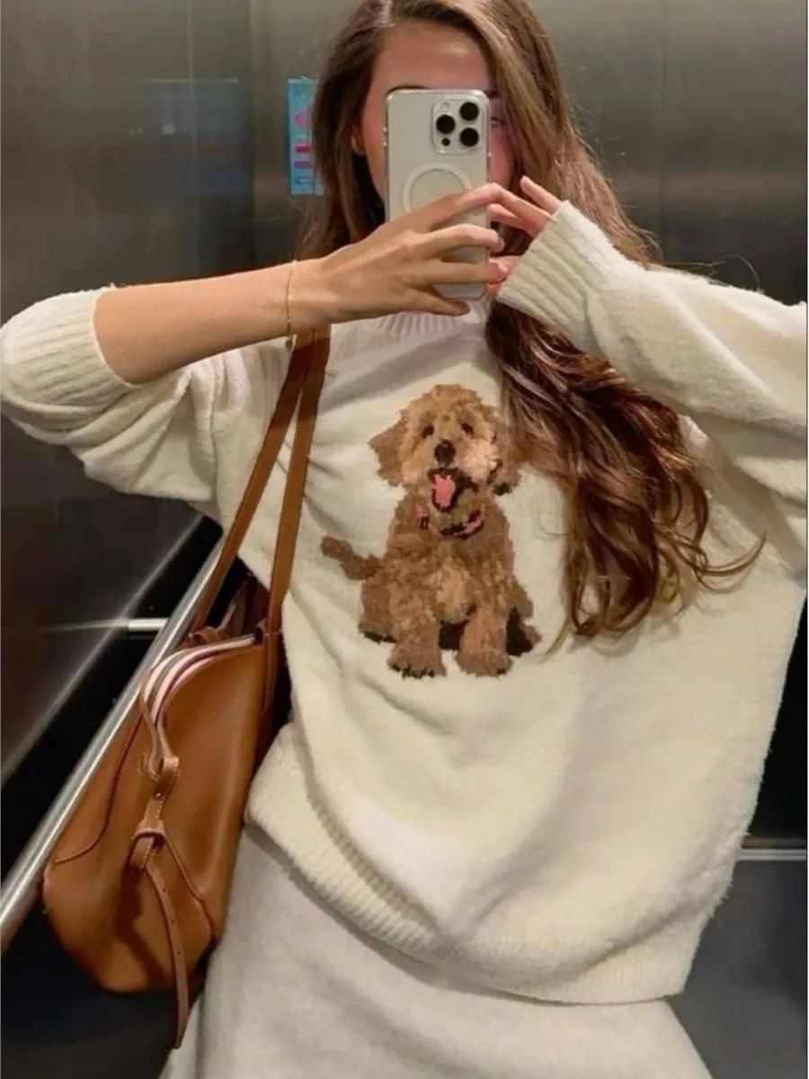 

Cute Dog Graphic Knitted Sweater Women Autumn New O-Neck White Long Sleeve Pullover Tops Female Preppy Style Loose Casual Jumper