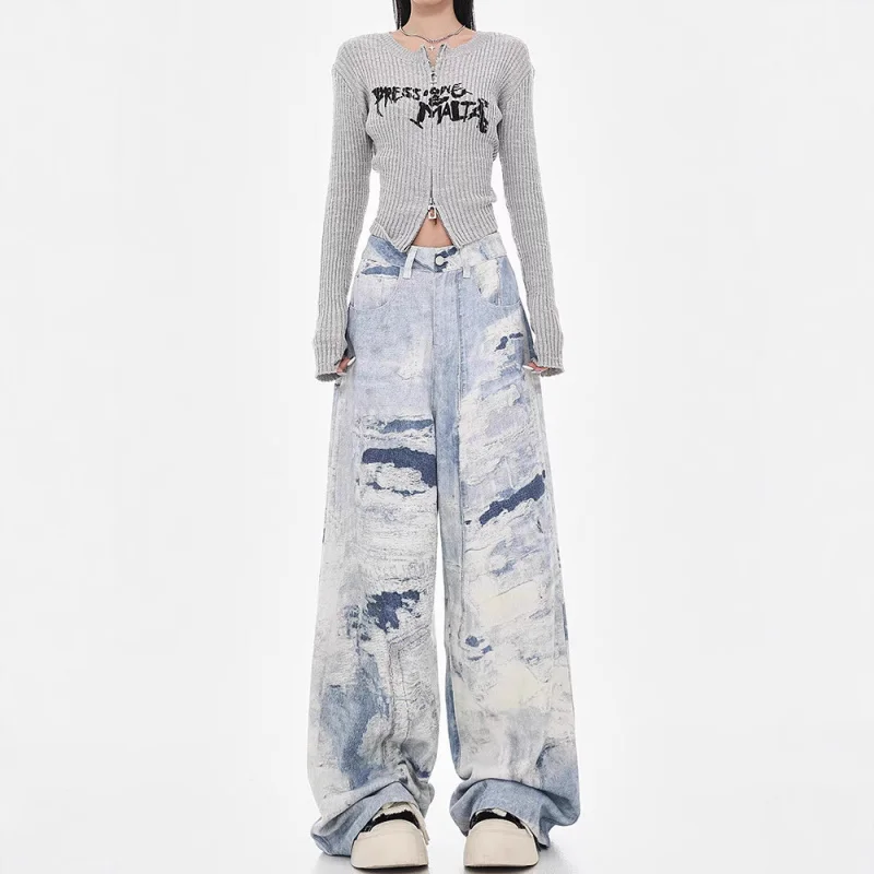 

American High Street Washed Tie-Dye Design High-Waisted Wide-Leg Jeans for Women