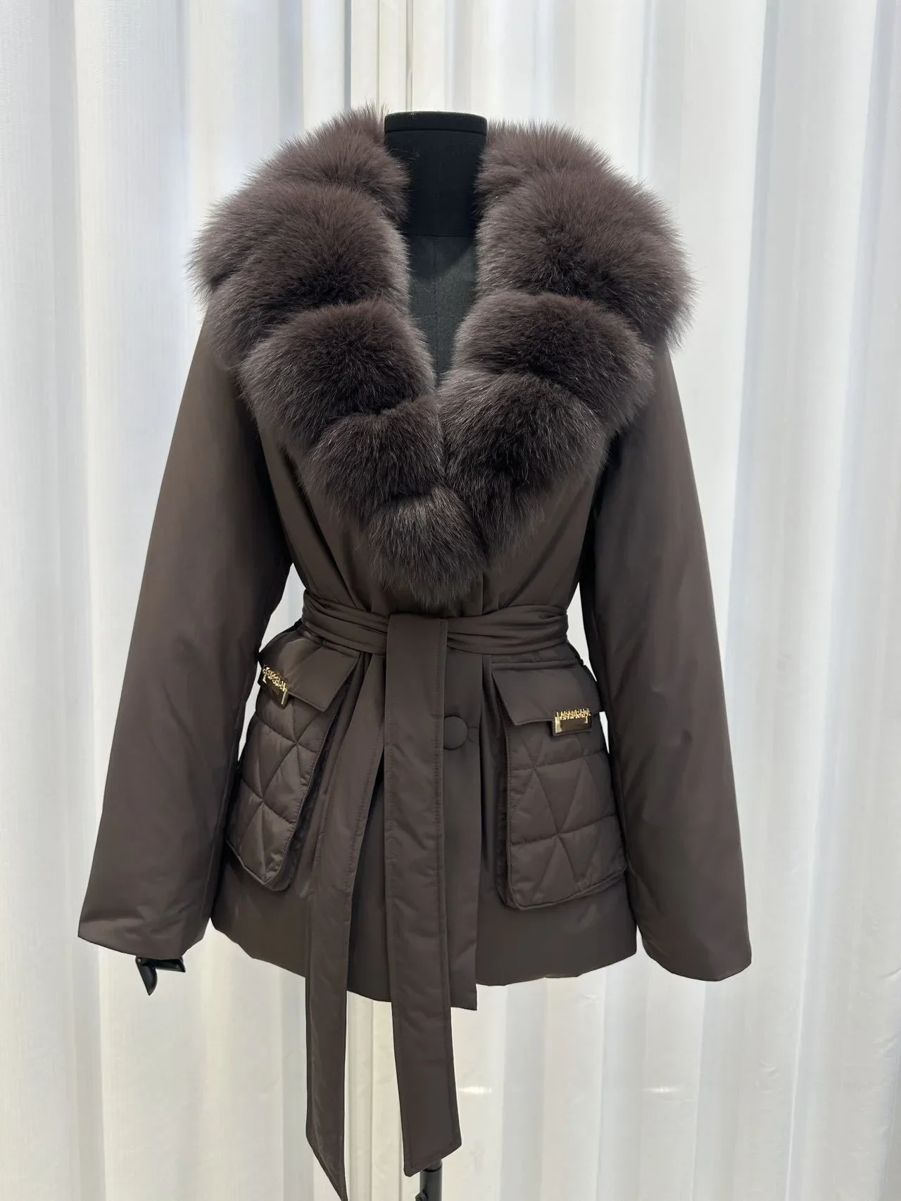 OFTBUY Real Fox Fur Collar Duck Down Jacket Women Mid-Length Puffer Jacket Luxury Slim Belted Waist Winter Warm Outerwear