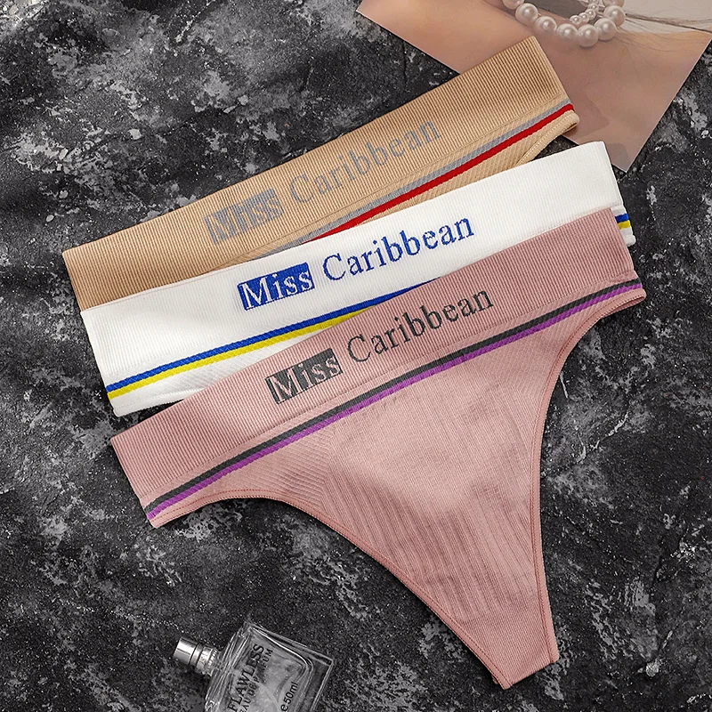 

2025 Women's sexy exercise fitness letter striped thread seamless mid-high waist seamless briefs thong underwear