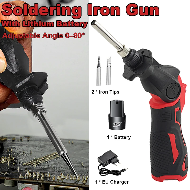 

Электрический паяльник с литиевой батареей 12 В, регулируемый угол 0–90 ° Припой с постоянной температурой, сварочный инструмент, зарядное устройство европейского стандарта