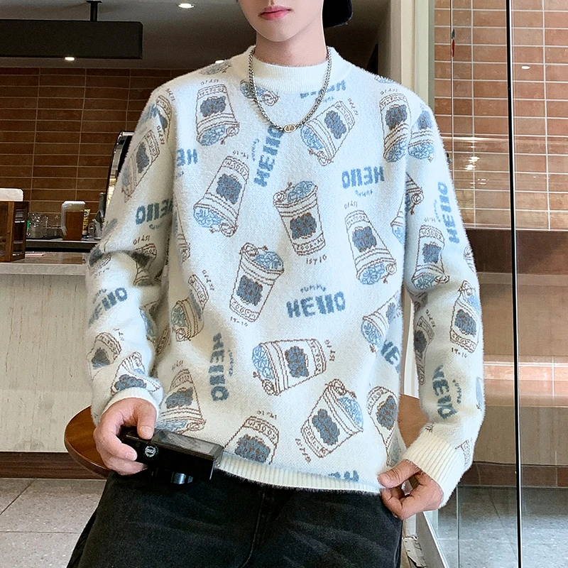 Повседневный вязаный свитер с принтом граффити, осень/зима, корейские мужские рождественские топы, 2025 г., толстый и теплый мужской базовый свитер