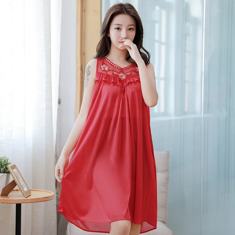 Women\'s Pajamas Nightgown Nightdress for Female Sleeveless Ice Silk Pyjamas Femme Night Shirt Home Satin Sleepwear Summer Dress