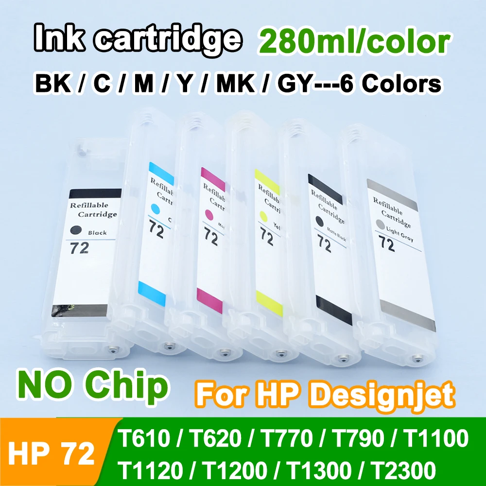 Cartucho de tinta de recarga de 6 cores 280ml sem chip para HP 72 para HP Designjet T610 T620 T770 T790 T1100 T1300 T2300