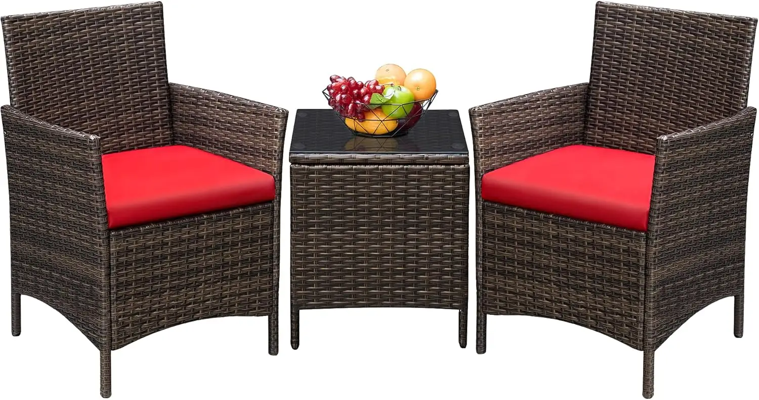 3 Pieces Patio Furniture Sets Outdoor PE Rattan Wicker Chairs with Soft Cushion and Glass Coffee Table