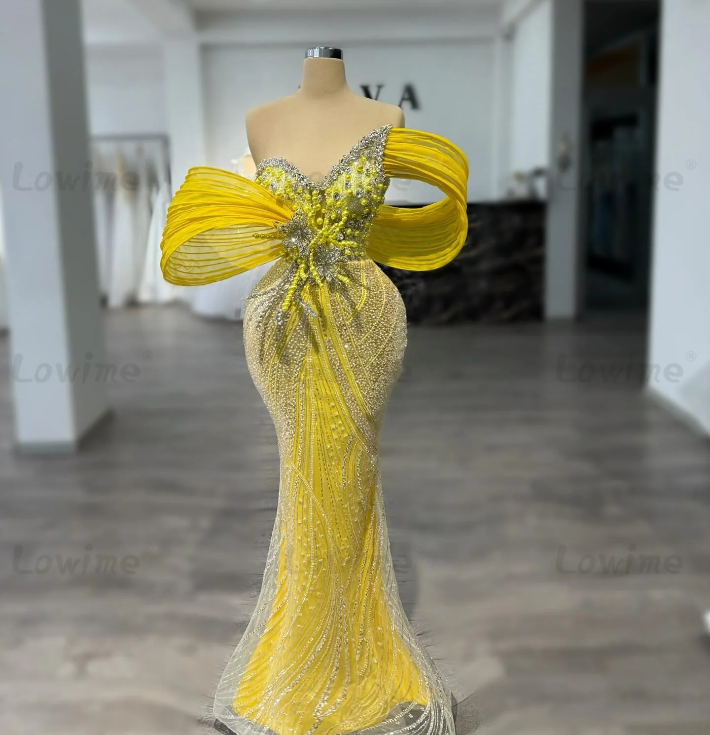 

Amazing Yellow Crystals Mermaid Prom Dresses Sequined Beaded Evening Dress Arabic Party Birthday Engagement Gowns Customized