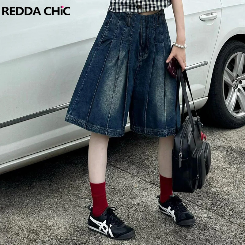 

ReddaChic плиссированные джинсовые брюки-бермуды женские шорты старые однотонные повседневные широкие джинсы с низкой талией Jorts винтажная летняя уличная одежда