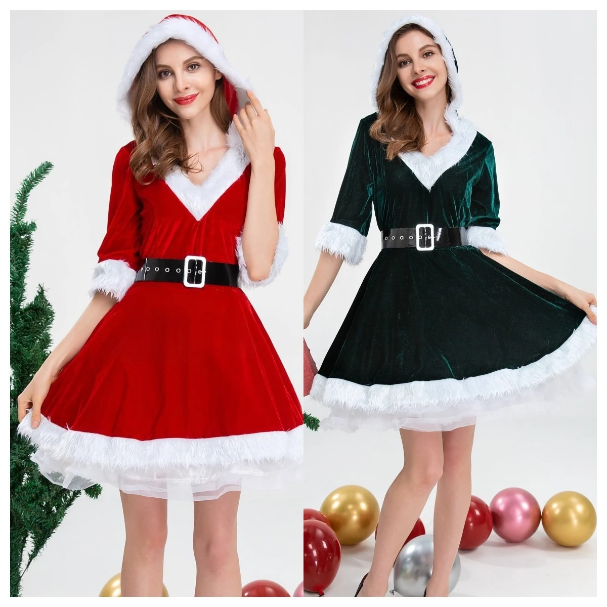 Сексуальное рождественское платье принцессы с капюшоном для рождественского карнавала и новогоднего костюма для косплея с поясом, доступно в красно-темно-зеленом цвете Сексуальное рождественское платье принцессы с капюшоном для рождественского карнавала и новогоднего костюма для косплея с поясом, доступно в красно-темно-зеленом цвете