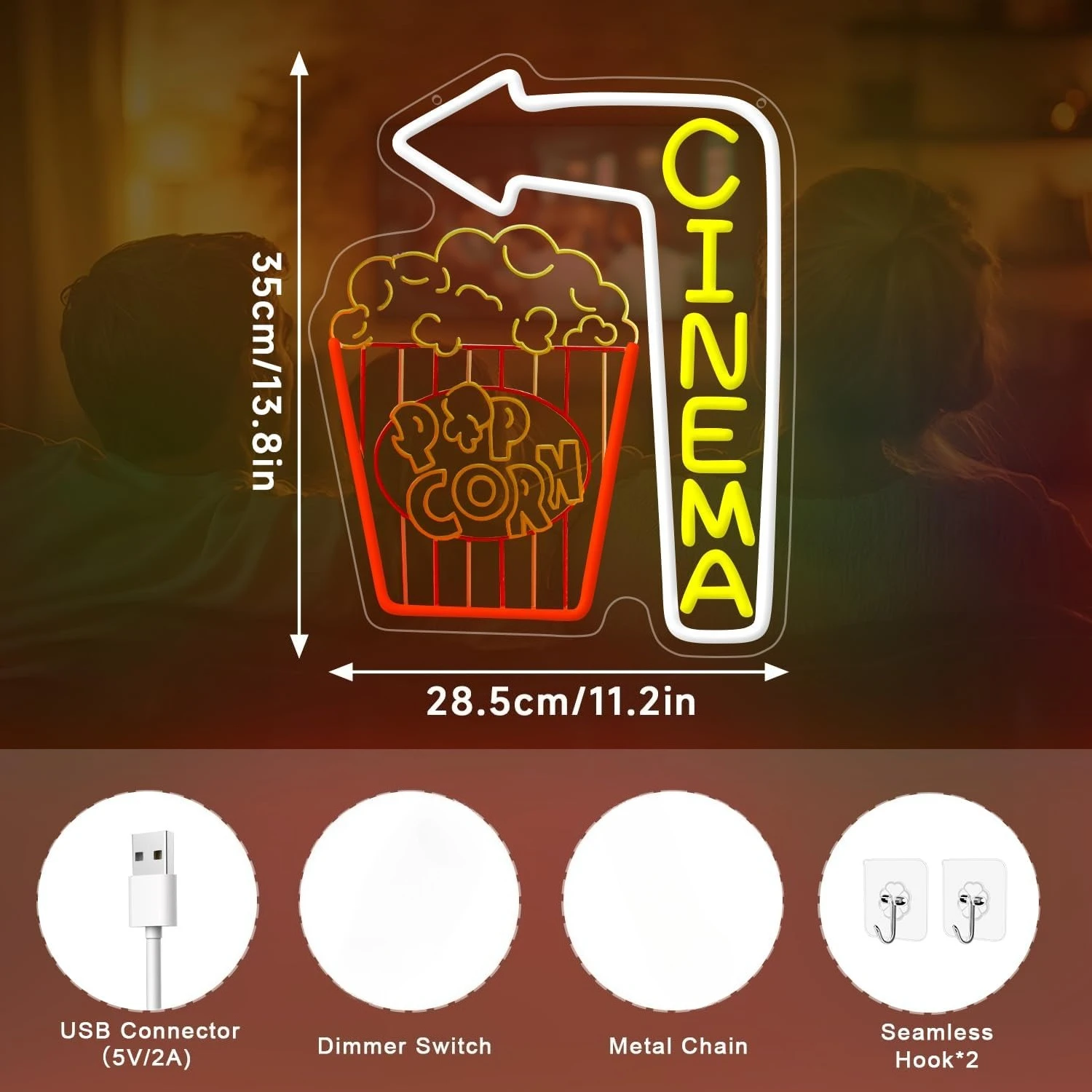 Letrero de neón para cine, cubo de palomitas de maíz regulable por USB, luz de neón para cine en casa, Bar, sala de juegos, película Retro, luz LED nocturna, regalo de decoración
