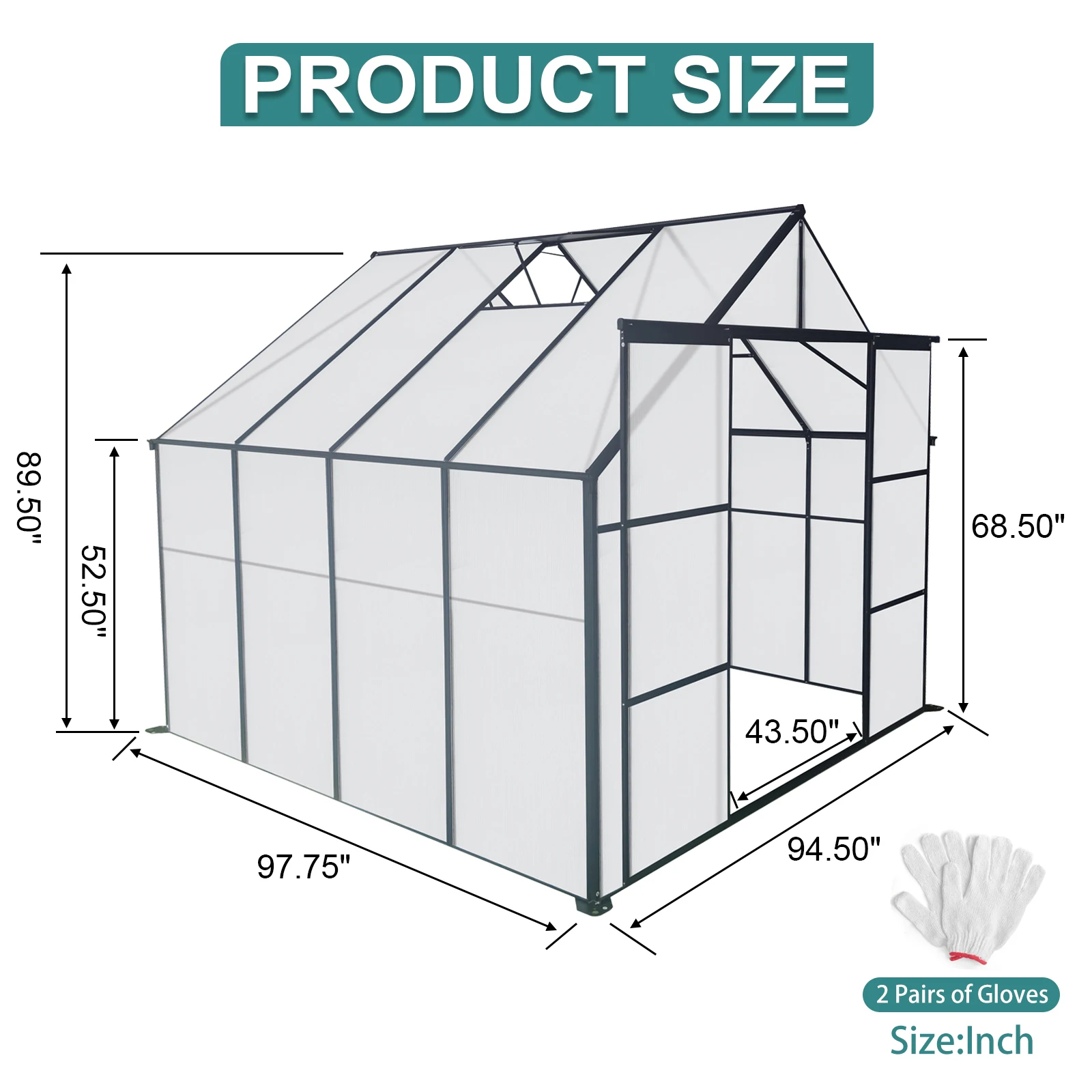 8x8 FT All-Season Double Door Walk-in Greenhouse Modern Polycarbonate Raised Base Aluminum Anchor Heavy-Duty Black Metal Frame