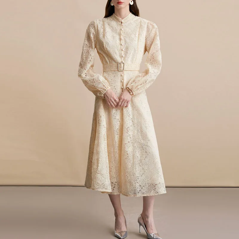 Jurken voor Vrouwen Nieuwe Lange Mouw Stand Kraag Slanke Vrouwen Jurk Elegante Kant A-LIJN Jurk Vrouwen Vestidos De Verano Mujer Q864