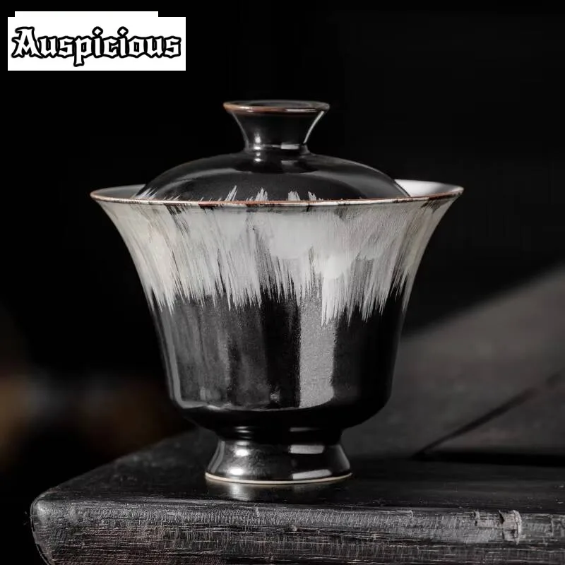 

130ml Retro Black Gilt Silver Ceramic Gaiwan Creative Tea Tureen Tea Brewing Cover Bowl Chinese Kung Fu Tea Set Supplies Craft