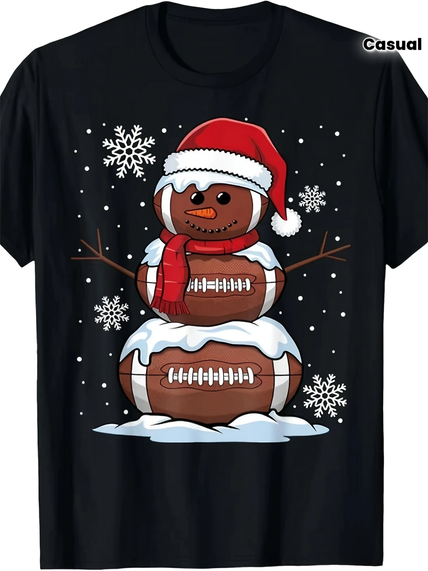 Men's and Women's Retro Football Snowman Christmas T-shirt - 220g Cotton Short-sleeved Holiday Sweatshirt with Snowman and Football Patterns, Casual Crew Neck Design, Suitable for Christmas Parties,